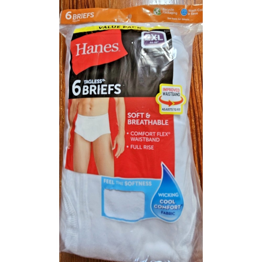 HANES TAGLESS 6 BRIEFS 100% cotton flex waistband full rise men 2XL breathable